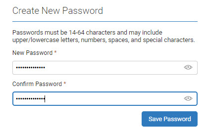 "Image of the Create New Password screen that displays when you click on the password reset link in the password reset email."